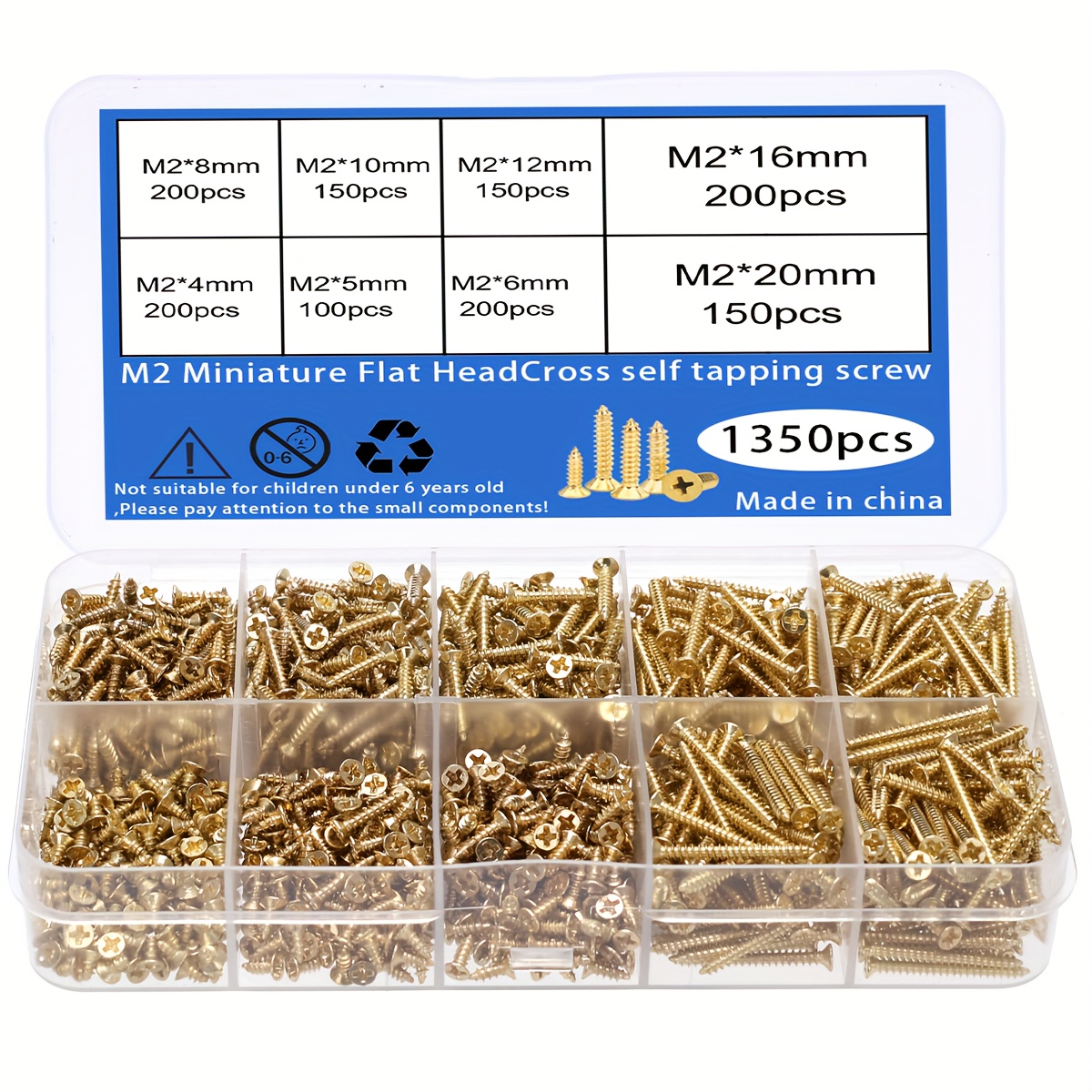 TEMU 1350pcsm2 -plated Golden Self-tapping Screws, Countersunk Cross Self-tapping Screws, Self-tapping Wood Screws M2 Frame Screws, Wooden Box Screws