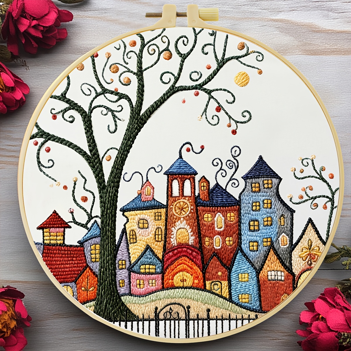TEMU Embroidery Kit, 20x20cm/7.9x7.9 Inches, Town, Handmade Embroidery Kit, Suitable For Adult Beginners, Includes Fabric, Instructions, Hoop And