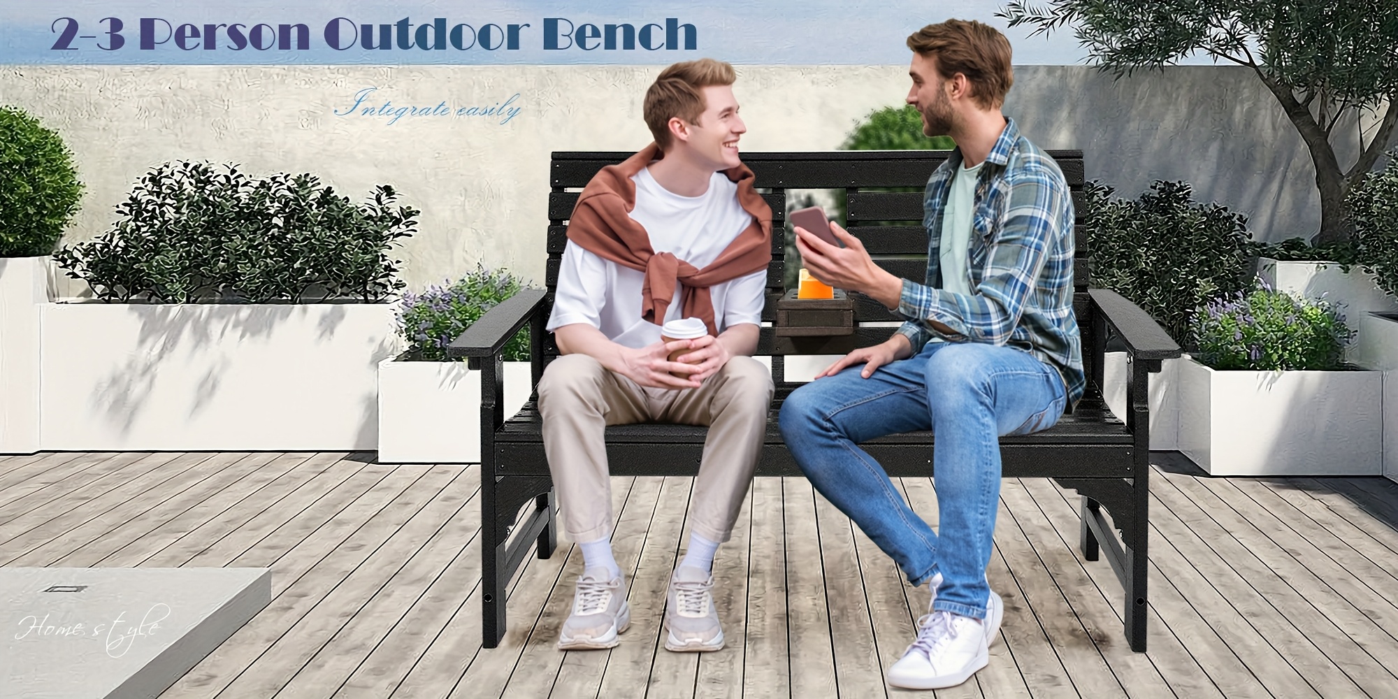HDPE All Weather Outdoor Patio Bench Furniture With Cup Holders, 2-3 Persons Garden Bench With 700 Lbs Weight Capacity, Patio Benches For Outdoors, Garden, Porch, Backyard And Park