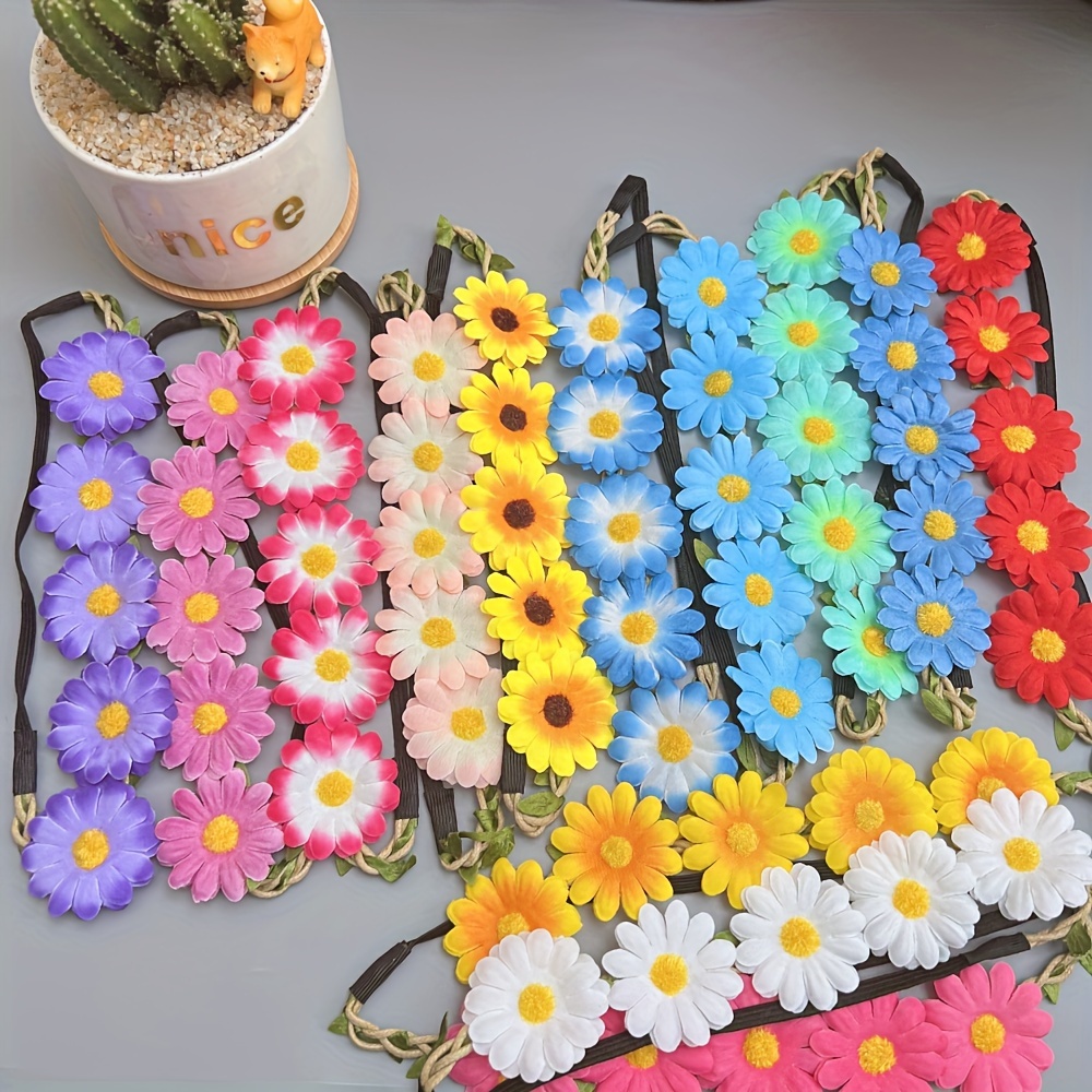 

10pcs/set Colorful Elastic Headband Boho Flowers Headpiece Spring Summer Garland Headwear Party Vacation Beach Performance Hair Accessories