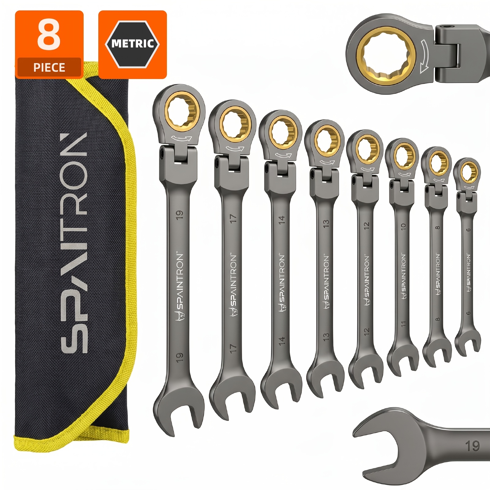 Image of Spaitron 8pcs Flex-head Nickel-plated Ratchet Metric Spanner Set 6-19mm, 72-tooth Swivel, Wrench Set, With Storage Pouch, Ideal Gift For Automotive And Mechanical Repair