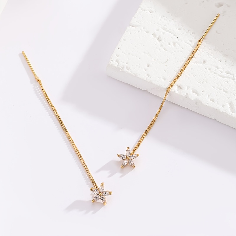 TEMU Orecchini minimalisti da donna non allergenici con filo per orecchie, fiori, micro-intarsiatura di zirconia, nappe, orecchini lunghi, catenine