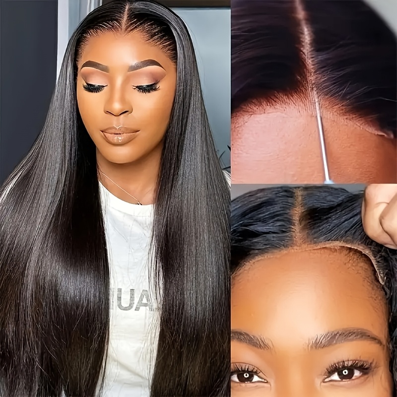 glueless brazilian human hair wig for women 150 density straight 5x5 hd transparent lace front with hairline knots details 0
