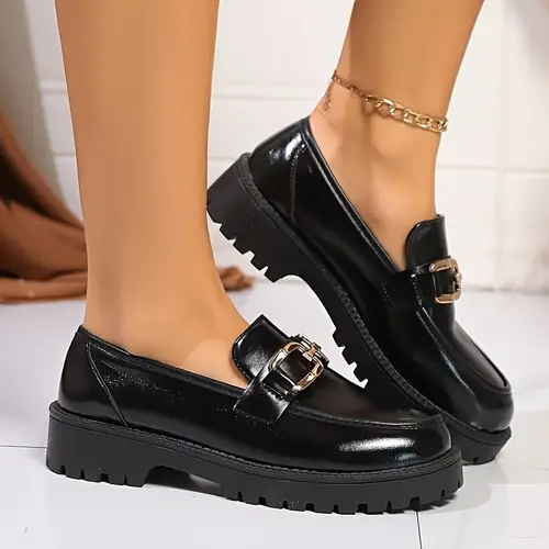 elegant womens black cover loafers with detail comfortable thick sole slip on platform shoes round toe fashion footwear ladies shoes