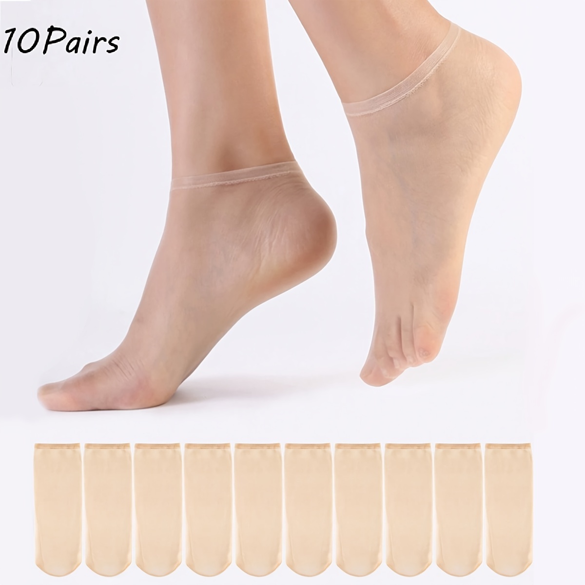 

10 Pairs Women's Sheer Ankle Socks, Polyester , Invisible Low-cut Boat Socks With Transparent Toe, Breathable Skin-tone Short Socks For Elegant Debut