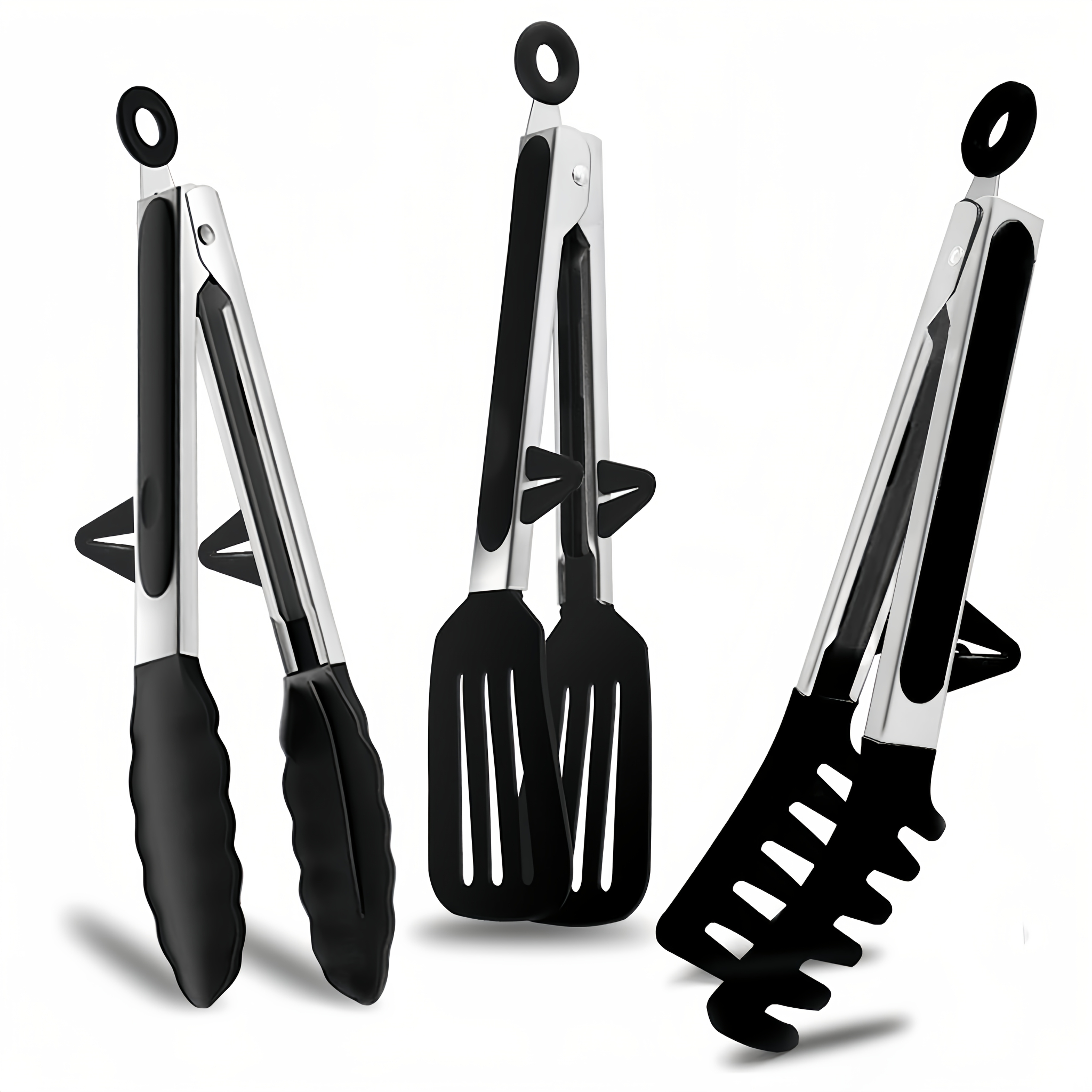 Image of 3pcs Heat Resistant Silicone Tongs Set With Wall Brackets - Heavy Duty Stainless Steel Bbq & Kitchen Utensils, Non-scratch Non-slip For Grilling Steak/fish/, Serving Pasta/salad/noodles, Baking Toast