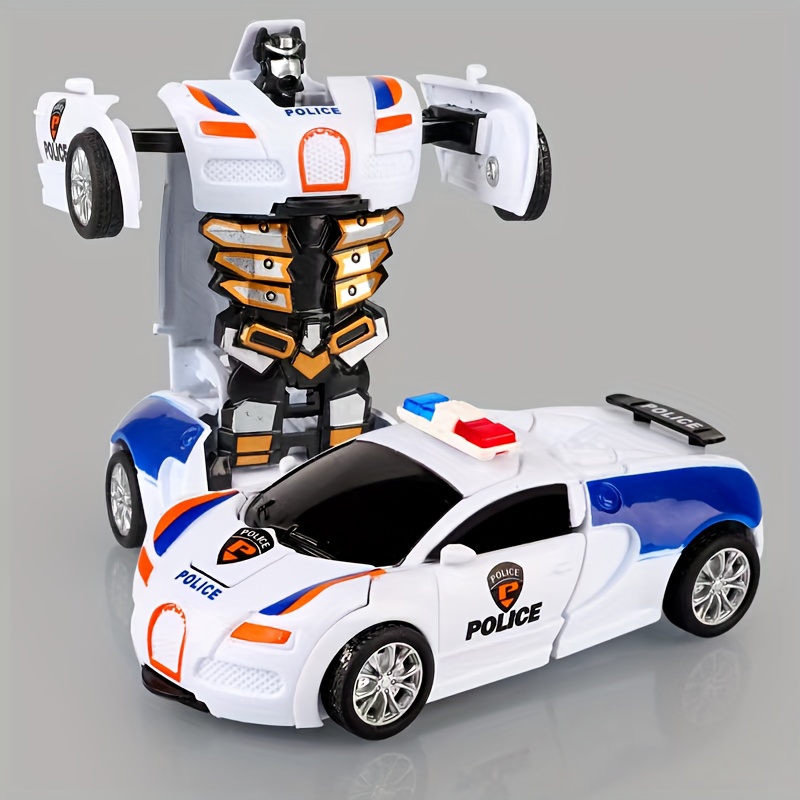 1pc Transforming Robot Car Toy - Shape-Shifting ABS Plastic Police Car to Robot with Mechanical Arms & Detailed Wheels, Fun Gift for Boys, Blue & White Design