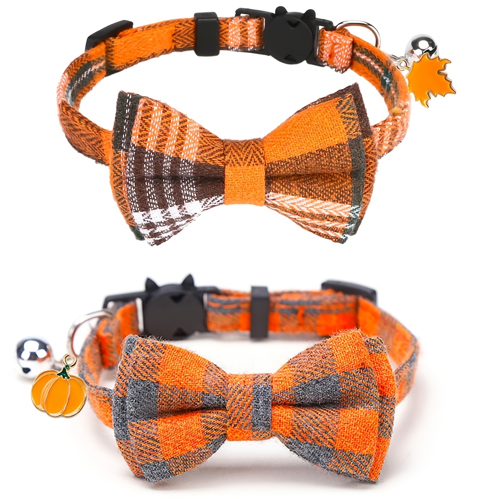 TEMU 2pcs Fall Cat Collar Breakaway, Orange Thanksgiving Cat Bow Tie Fall Cat Collars With Bow, Thanksgiving Holiday Decoration, Without Battery