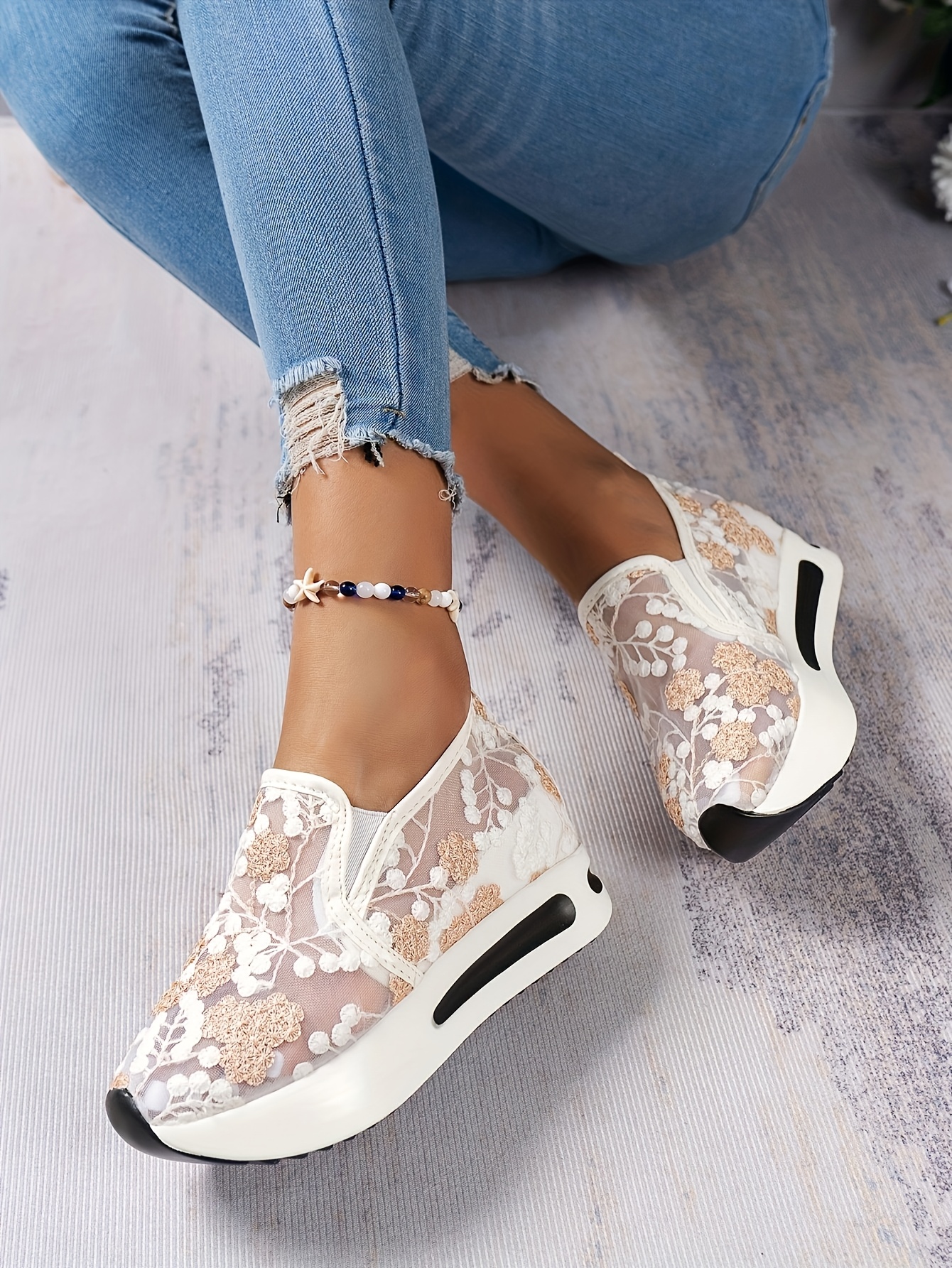 chic womens lace mesh sneakers breathable anti skid slip on platform shoes with   ladies sneakers details 5