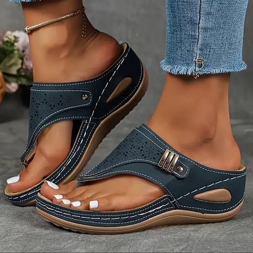 womens wedge flip flops with hollow out toe design slip on synthetic cover sole breathable comfortable outdoor summer slippers for casual wear open toe footwear strappy sandals
