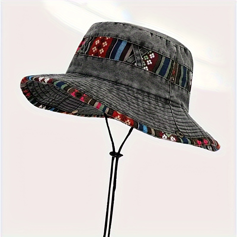 

Retro Cotton Versatile Colorful Brim Bucket Hat, Sporty Adjustable Uv Protection Sun Hat, With Chin Strap For Men Women