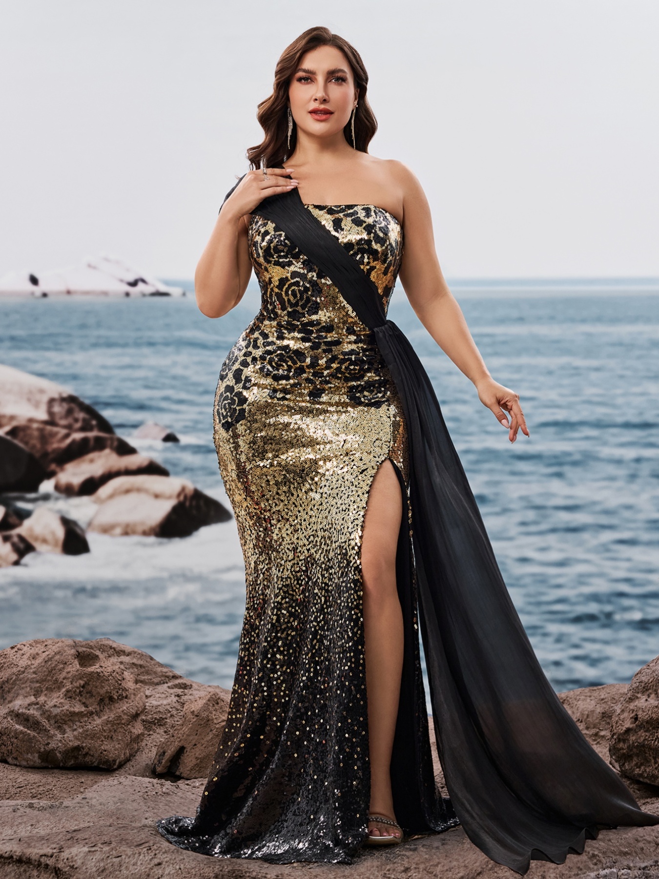 plus size black golden gradient sequin bustier gown - Temu Mauritius