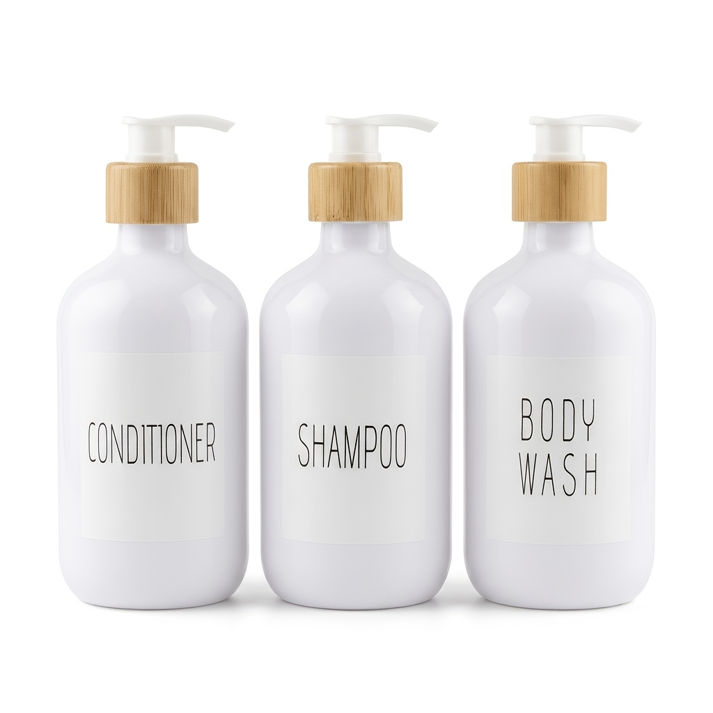 Image of 3pcs Shampoo And Conditioner Dispenser, 500ml Body Wash Shower Soap Dispenser For Bathroom, Refillable Shampoo And Conditioner Bottles With Pump, Plastic White Letter Graphic Lotion Dispenser