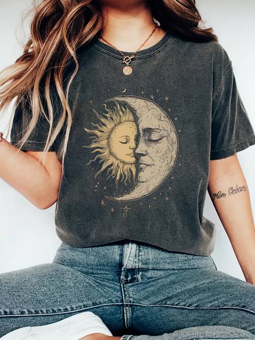 bohemian vintage celestial moon and sun spiritual print short sleeve t shirt regular fit round neck spring summer womens wear casual lightweight breathable fabric ideal gift for daughter sister birthday best friend