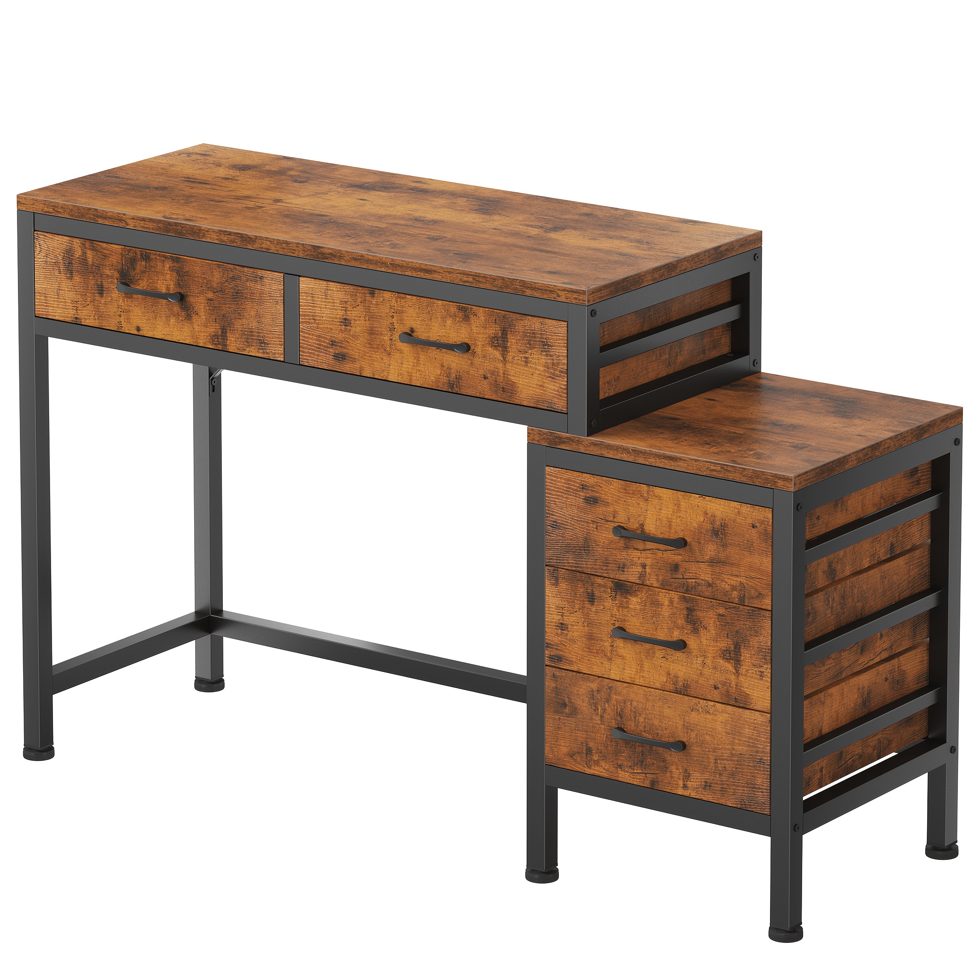 51in Retro Industrial Writing Desk with 5 Drawers & Printer Stand
