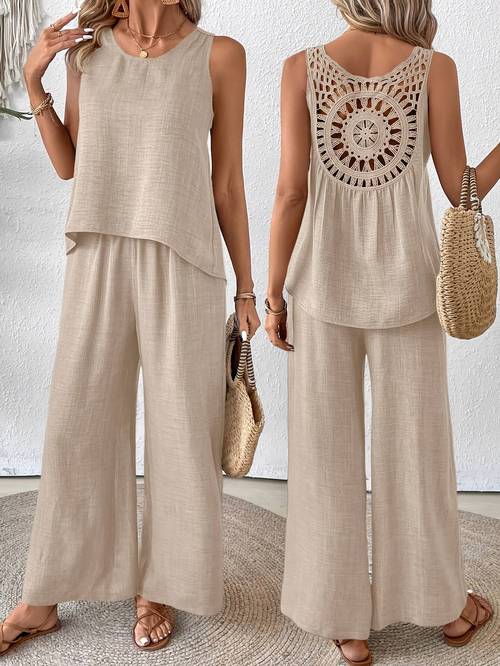 plus size solid lace panel hollow sleeveless top and pants casual sports set