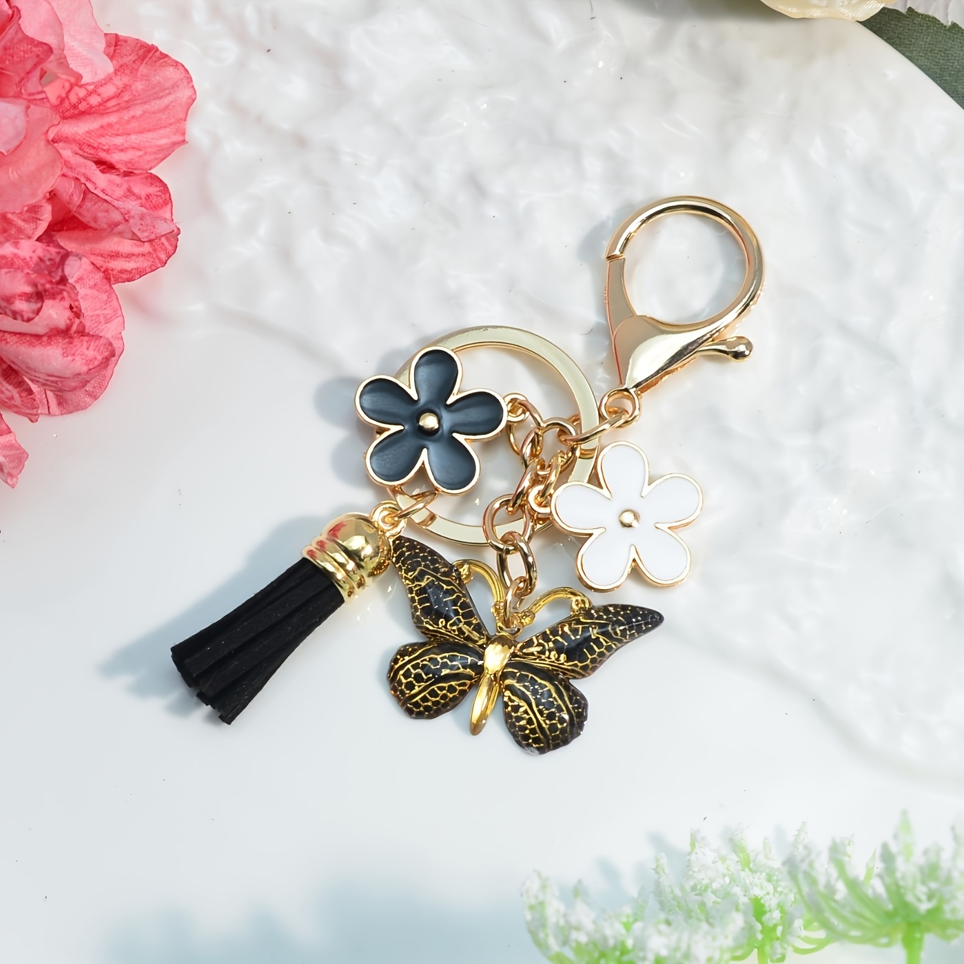 TEMU 1pc New Stylish Alloy Floral Tassel Keychain Pendant Bag Charm For Handbags Purse Backpacks Handbag Charms Keychain Additions For Women