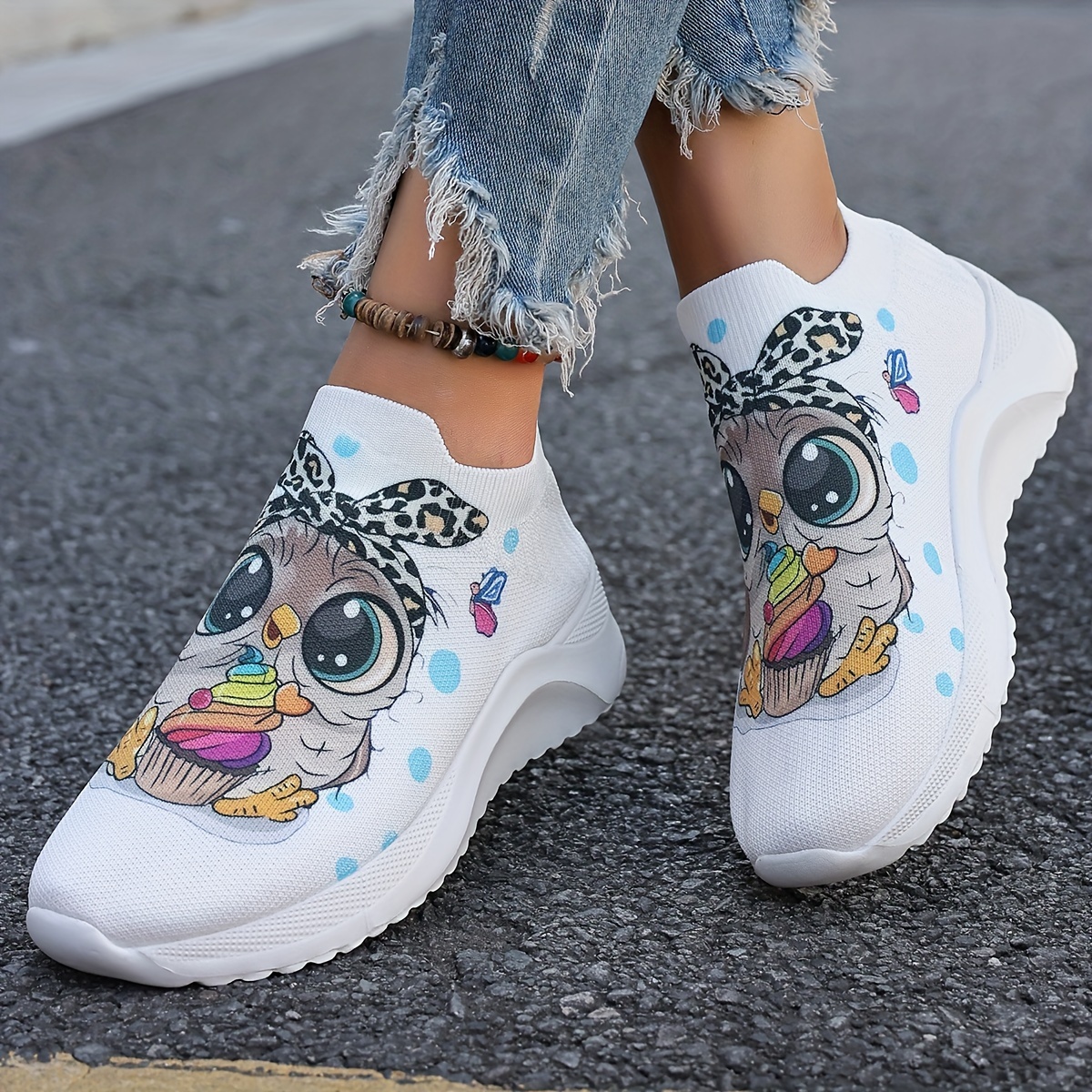 

Casual Fashion Sneakers For Women, Lightweight Fabric Slip-on Shoes With Cartoon Owl Print, Eva Sole Low Top Sneakers, All-season Comfortable Breathable Footwear With Plain Toe Design