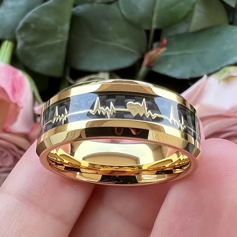 8mm Golden Heartbeat Ekg Love Carbon Fibre Inlay Unisex Ring Men Wedding Band