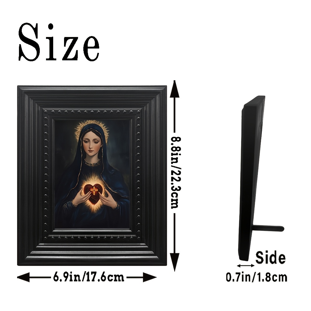 TEMU 2d Flat, 2d Flat, 1pc Vintage Black Frame Heart Of Mary Painting - Religious Catholic , With Ornate Frame, Spiritual Home And Office Wall Decor,