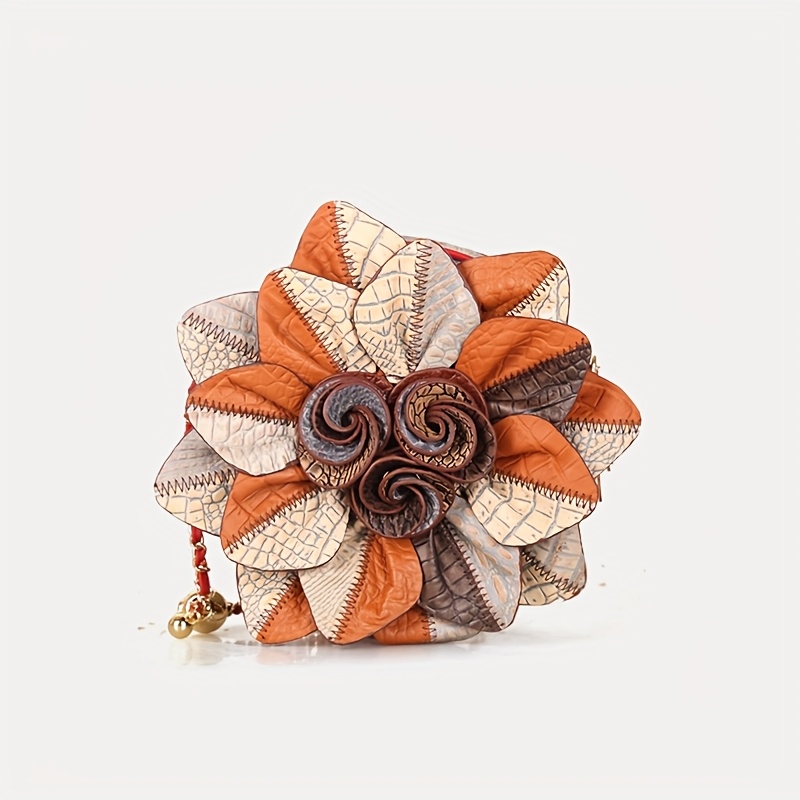 Genuine Leather Flower Crossbody Bag for Women - Vintage Style, Adjustable Strap, Zipper Closure, Polyester Lining, Crocodile Pattern, Mixed Colors, Elegant Accessory for Casual or Formal Occasions, Versatile Crossbody Bag | Vintage Floral Bag | Genuine Leather Bag, Purse Crossbody