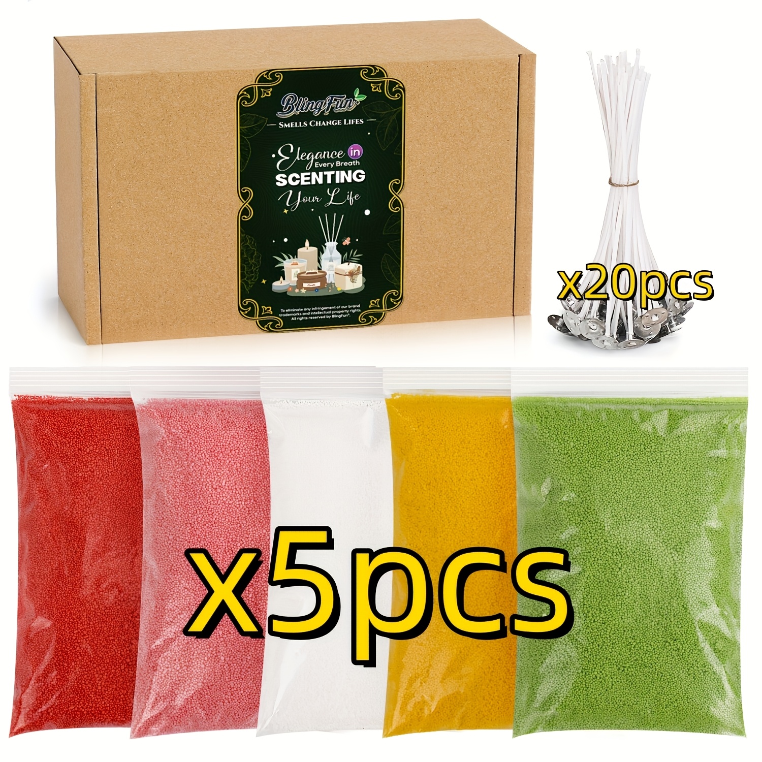 Image of Blingfun Sand Wax Candle Making Kit, 5 Colors Granulated Wax Sand 100g Each, 20pcs Wicks, Reusable Unscented Candle Powder For Crafts Wedding Decor