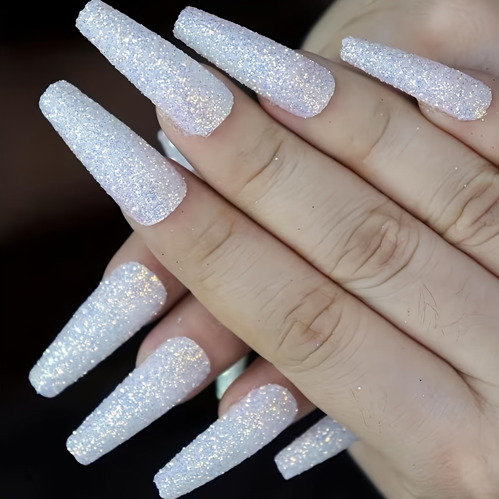 TEMU [24pcs Faux Ongles Scintillants] Faux Ongles Longs Blancs de Cercueil, Ongles Artificiels Acryliques Ballerine à Coller pour Extensions d'Ongles