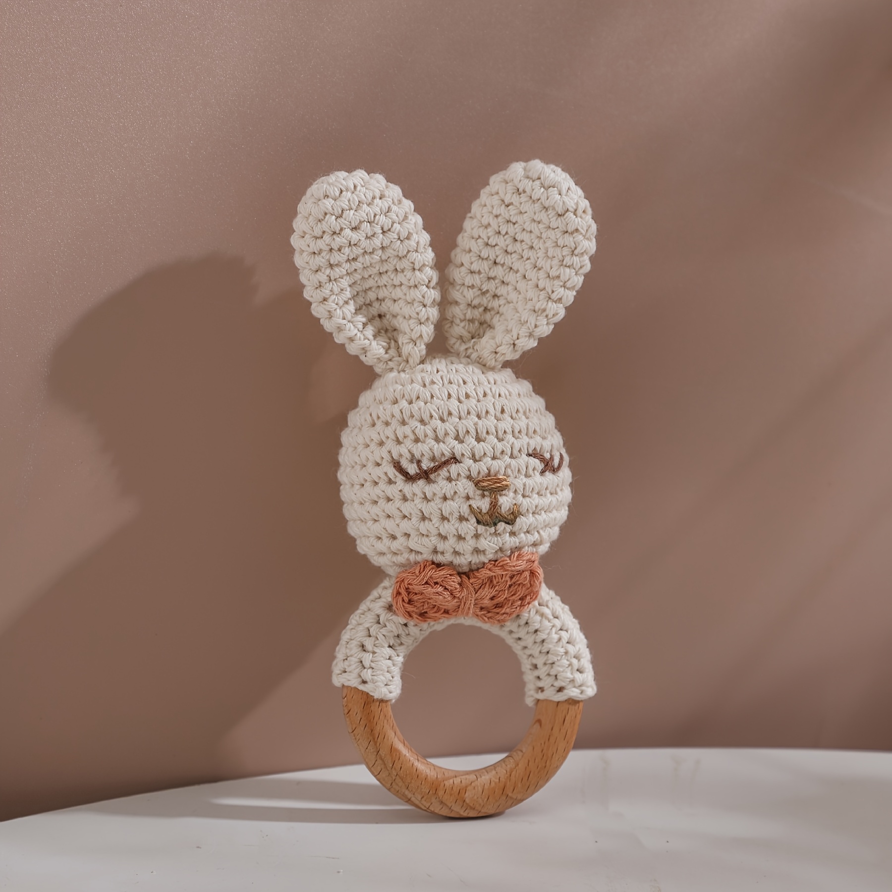 Hand-Knitted Bow Tie Bunny Rattle Toy for Infants