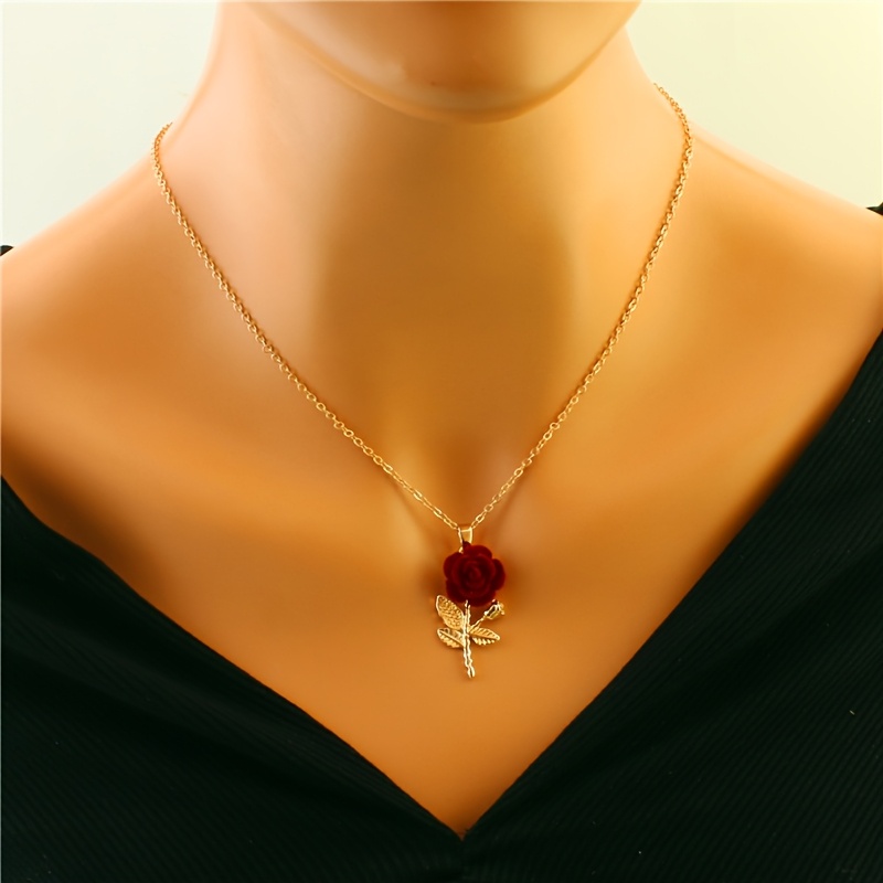 Women's Casual Red Rose Heart Pendant Necklace, Gift Idea