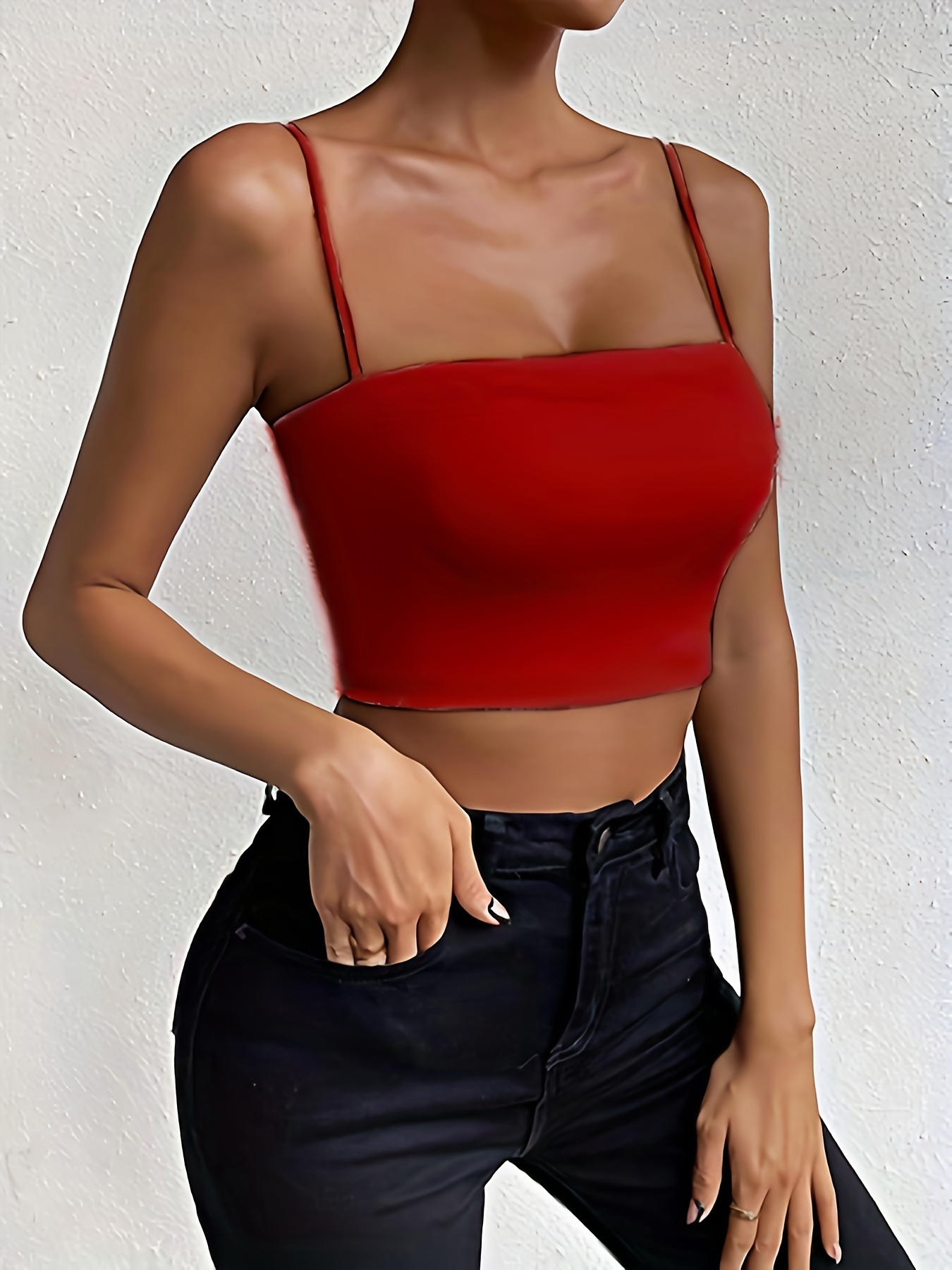 Solid Color Crop Cami Top, Versatile Spaghetti Strap Top For Summer, Women's Clothing
