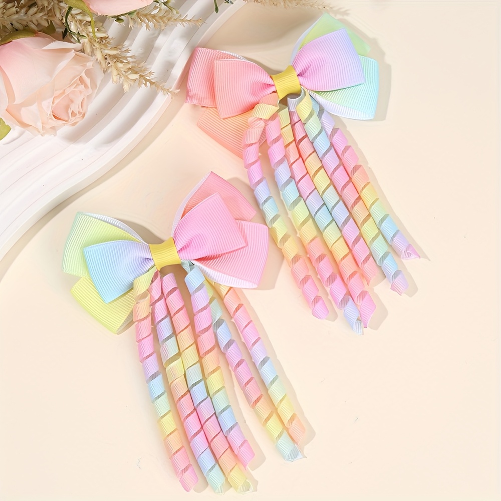 

2pcs Cute Rainbow Ribbon Bow Hair Clips For Girls, Curly Tassels, Polyester Fashion Accessories, Ideal For Teens - Mixed Color