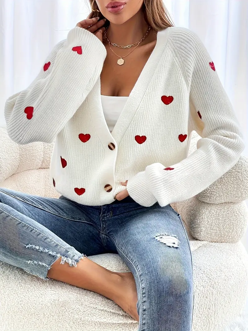 1pc Elegant Viscose Knit Cardigan with Heart Embroidery and Button Detail, Open Front Sweater for