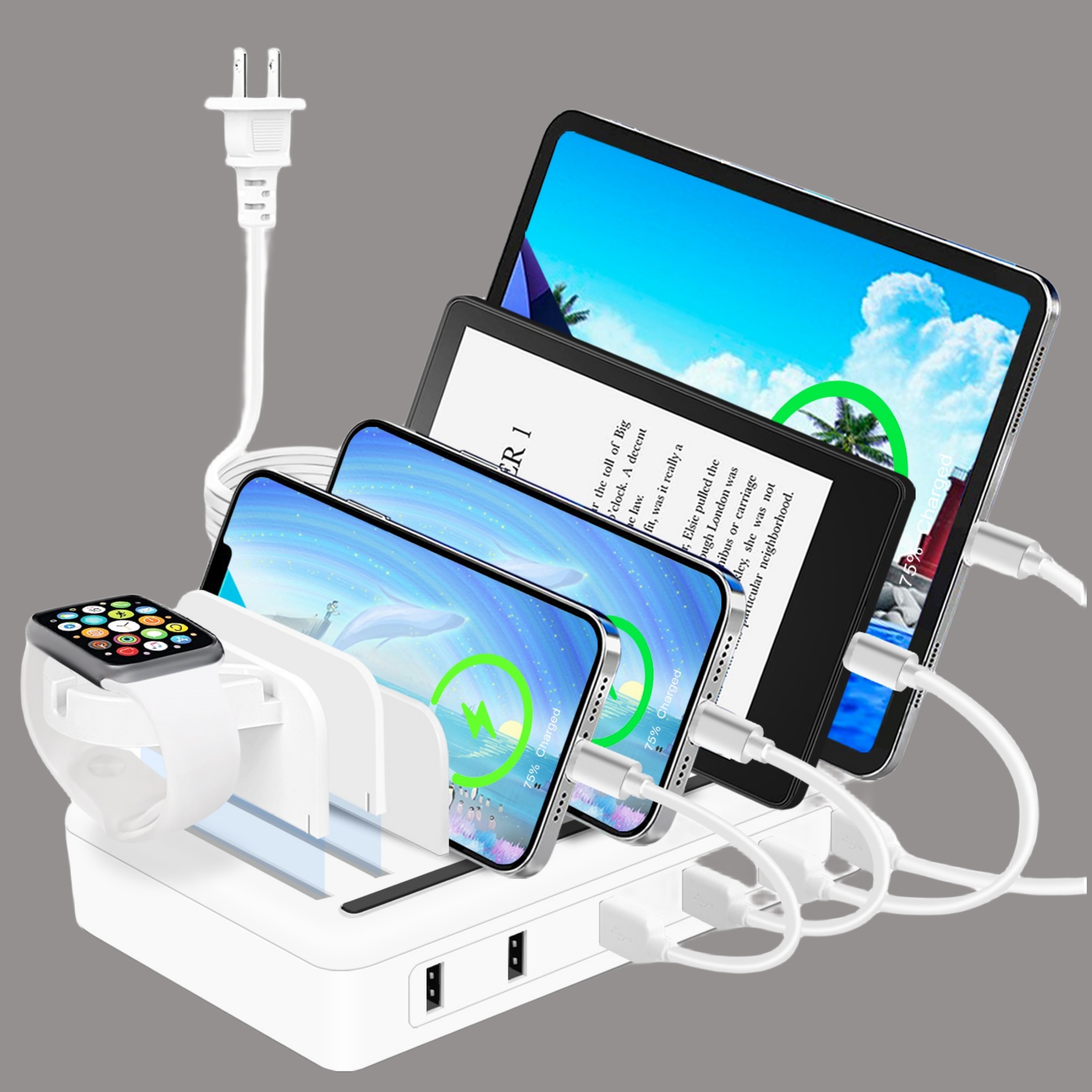 

Fast Charging Station For Multiple Devices, 50w 6-ports Usb Charging Station With 10-slot, Detachable Dividers, Watch Holder, Compatible With Phone/ipad//tablet (6 Short Cables Included)