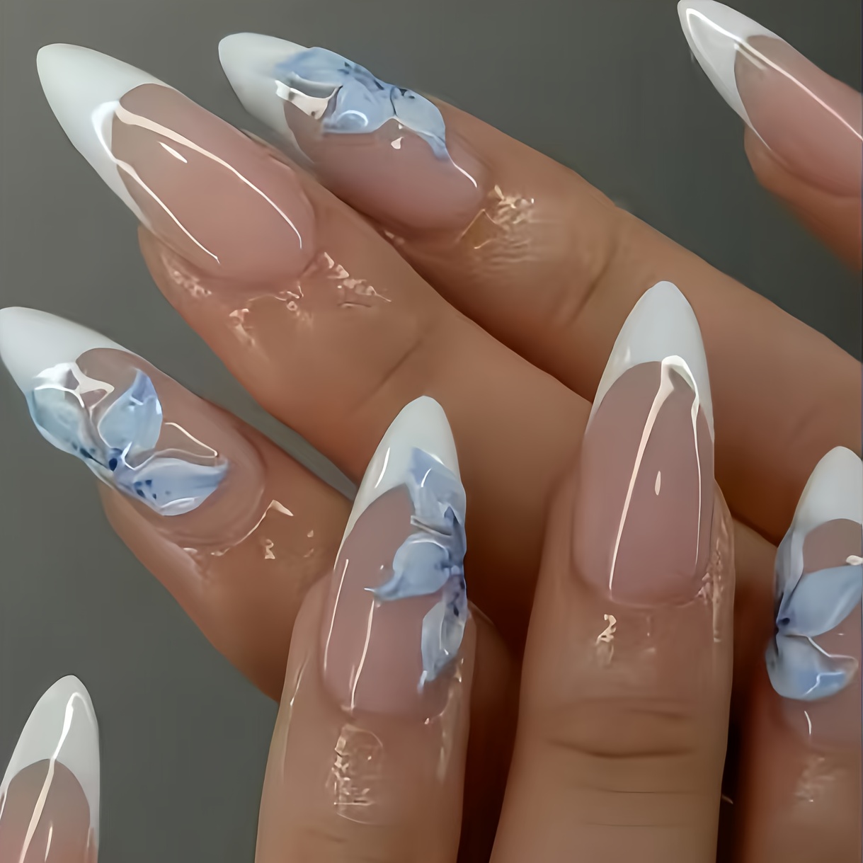 TEMU Set Of 48 Almond-shaped Stylish 3d Blue Floral Press-on Nails (comes With A Nail File And Jelly Glue)