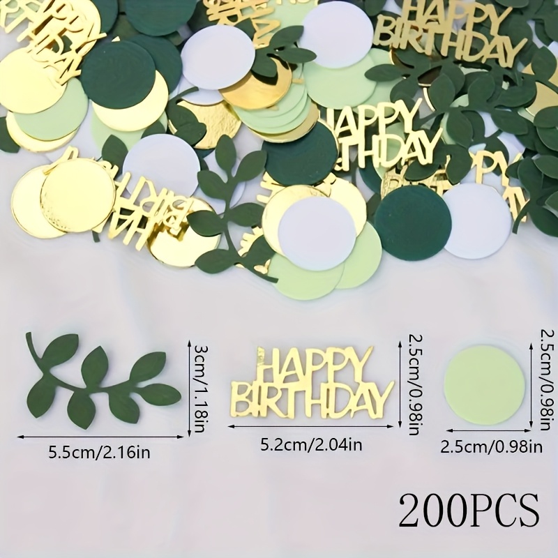 Image of 200pcs Green & Golden Sagebrush & Happy Birthday Paper Confetti - Elegant Round Decorative Discs For Decor, Birthdays, Graduation, Day, , Ramadan - Tabletop & Wall Decorations