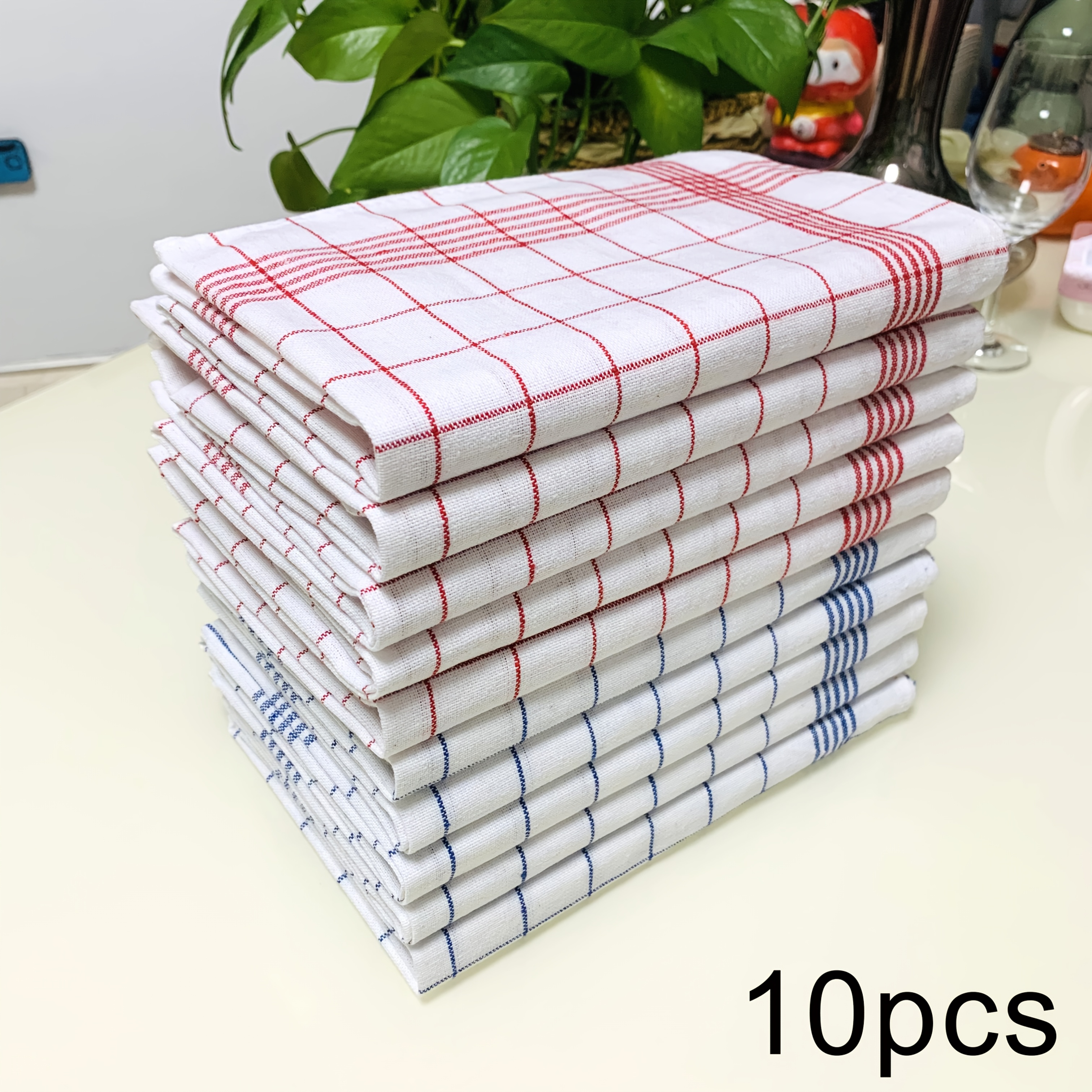 10pcs Vintage-Style Cotton Dish Towels - Quick-Dry, Rectangular Kitchen Cleaning Cloths with Red & Blue Checkered Patterns