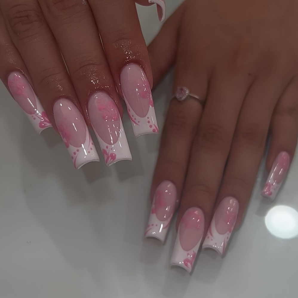 Shimmerz 24 Stück Französische Spitzen Press-on Nägel – Rosa Mit 3D-Blumen, Kurze Quadratische Form