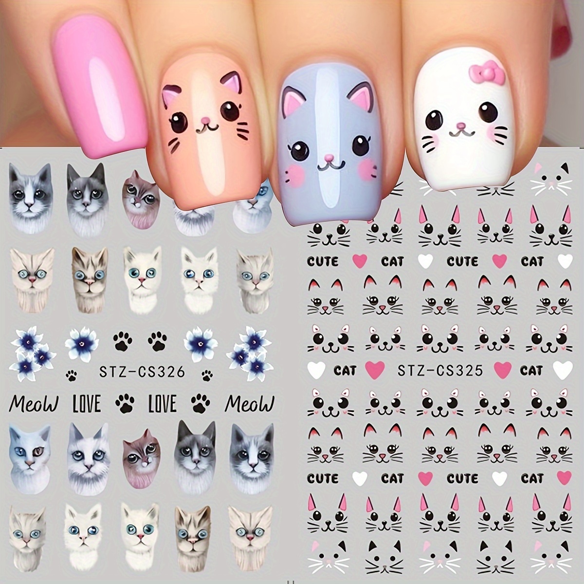 

4pcs Cute Nail Art Stickers Set - Cartoon Kitten Graffiti Decals For Diy Manicure, Self-adhesive & Sparkle , Girls' Nail Care