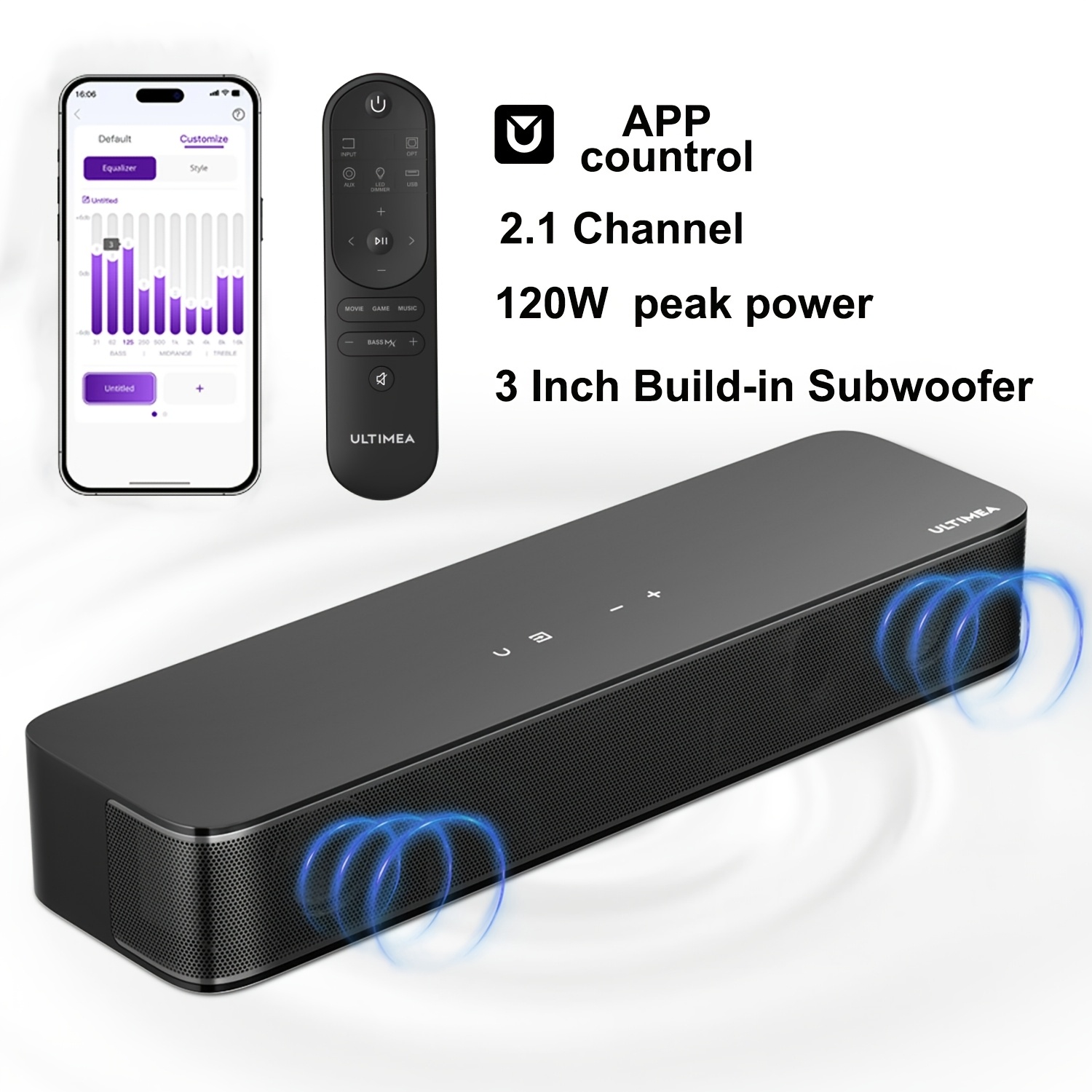 E-shop ULTIMEA 2.1-Kanal Kompakt-Soundbar für TV, 3-Zoll-Einbausubwoofer, App-Steuerung, 120W Peak Power, PC Soundbar für Spiele, Kabellose 5.4 TV