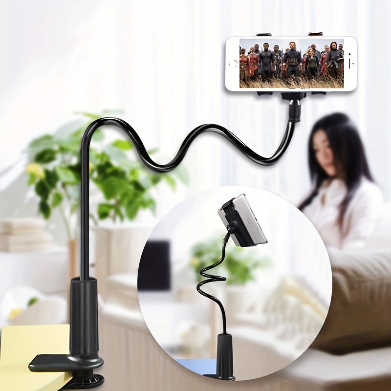 

Universal 360° Rotating Phone Holder Stand, Flexible Gooseneck, Plastic Material, With Dual Clamps And Spiral Base, For Bedside And Desk Use, Compatible With Smartphones And Tablets