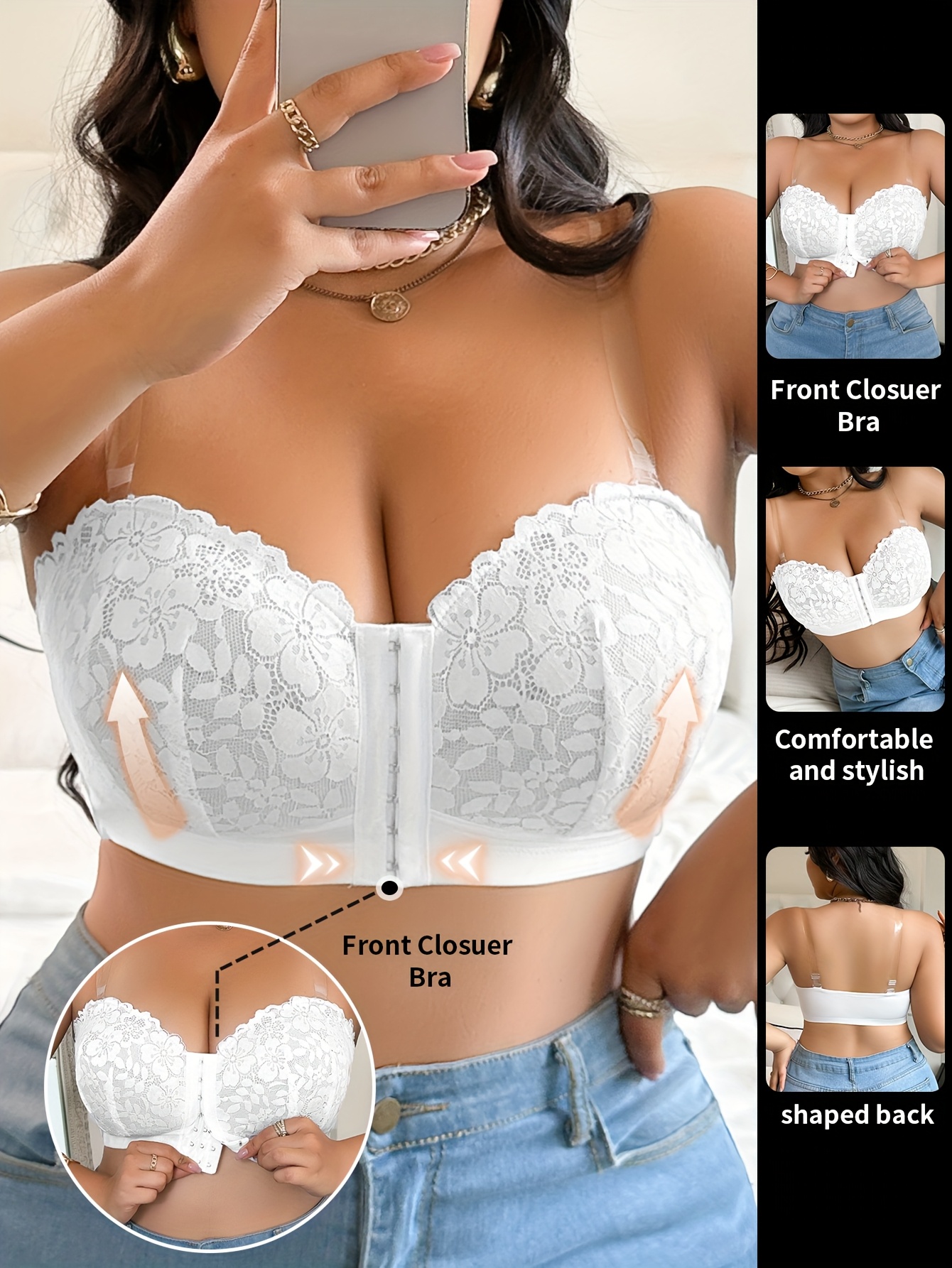 Elegant Plus-Size Floral Lace Bra with Front Closure - Seamless, Breathable Push-Up Design, Wide Straps, Comfort Fit, Non-Padded, Machine Washable - Chic White