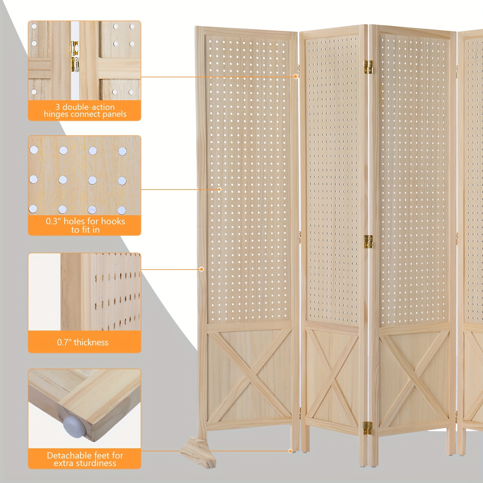 Bonnlo & MDF Freestanding Pegboard Room Divider - Folding Privacy Screen with Wood Panel Partition, Lightweight Space Separator Suitable for, Office, Events, Retail Display