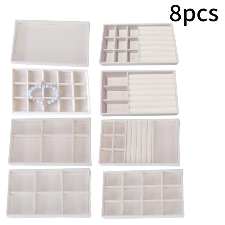 TEMU 8-piece Set Wooden Jewelry Display Trays With Velvet Lining For Earrings, Bracelets, Necklaces Storage - Beige
