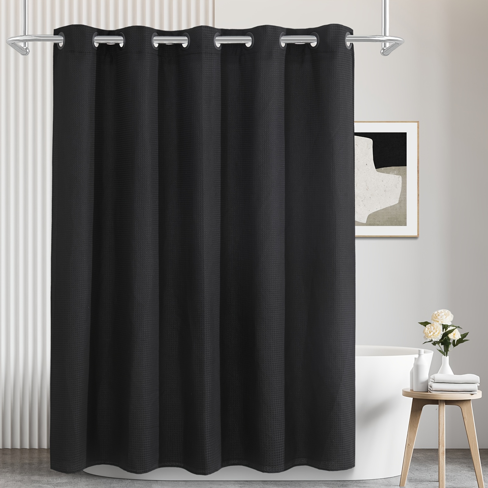 waffle weave shower curtain with   liner no hooks needed machine washable   magnets 71 inches wide by 74 inches high