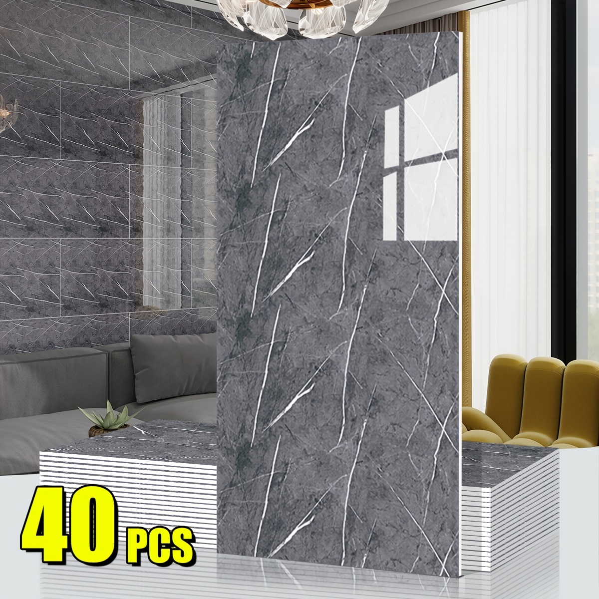 Image of 20/40-pack Self-adhesive Marble Wall Panels Set - Oversized /black Marble Sheets, Removable Vinyl Planks, Bathroom, Kitchen, Living Room - Glossy End, /remove