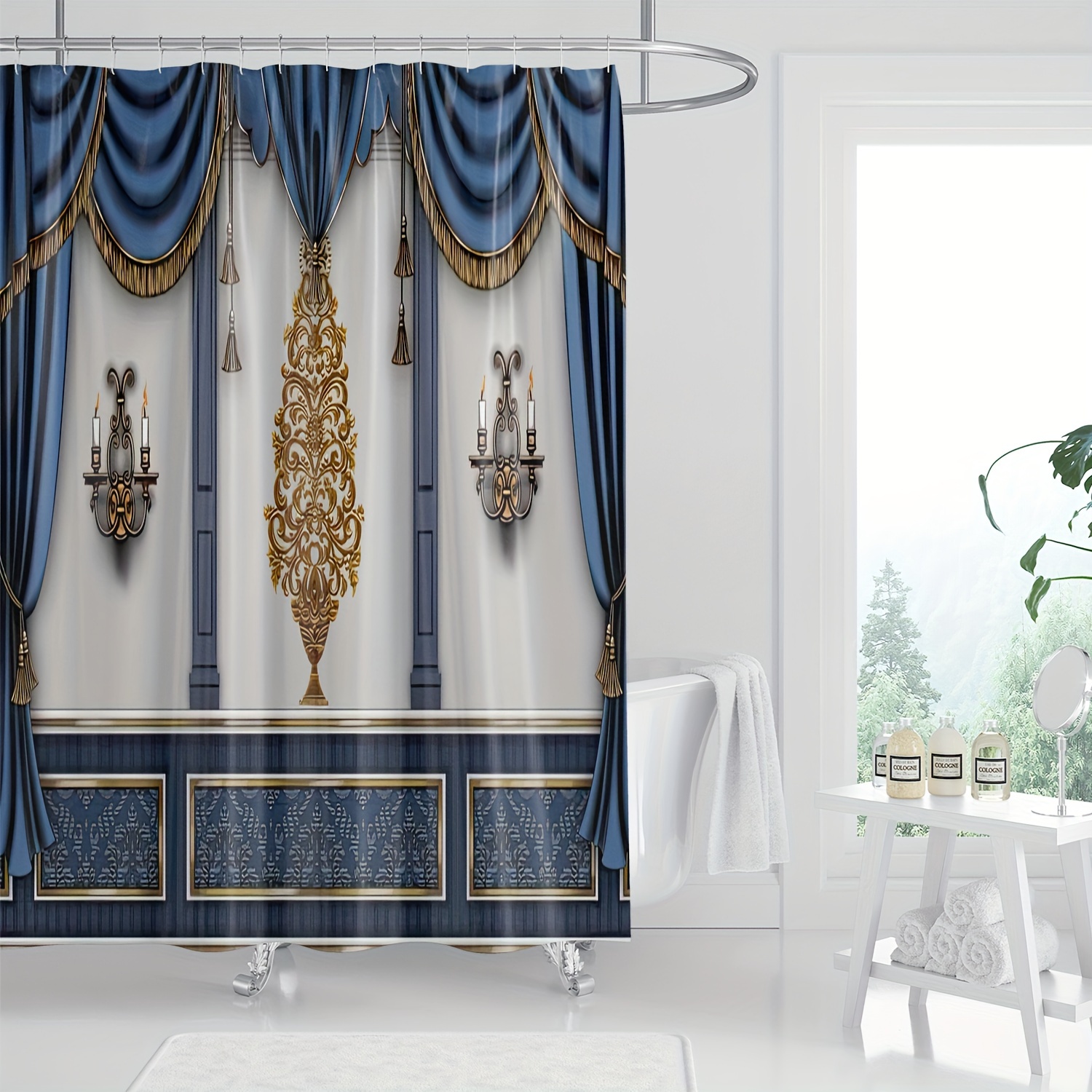 

1pc, European Castle Court Vintage Gold And Blue Pattern Floral Tassel Curtain Wood Board Decor Wall Lamps Digital Print Shower Curtain, Machine Washable, Luxurious Bathroom Decor