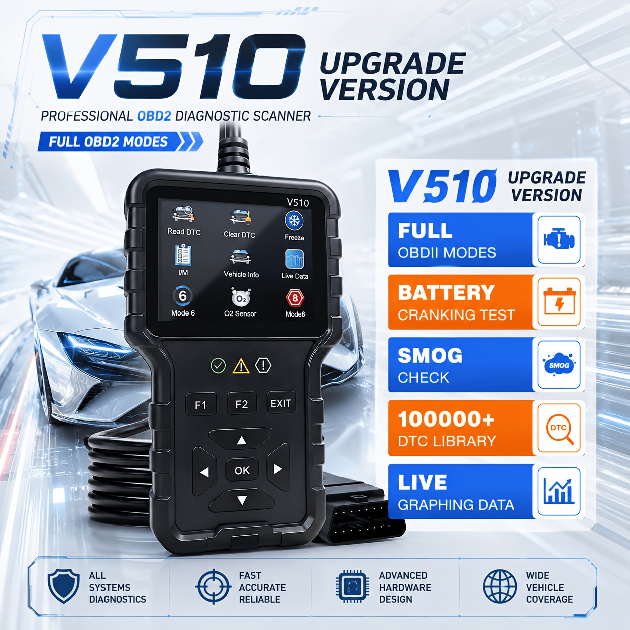 TEMU V510 Professional Car Diagnostic Scanner 8 Languages Engine Code Reading Reset Tool Durable Battery Auto Repair Tool