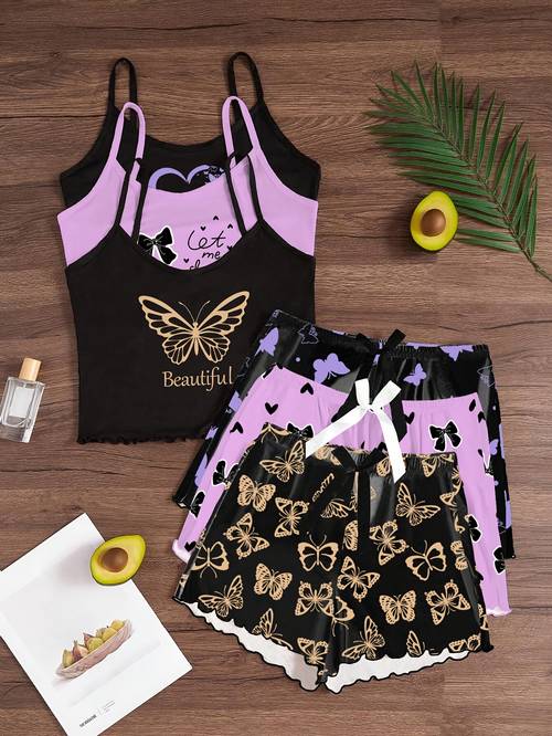 3pcs cartoon print cami and shorts pajama set casual summer outfit