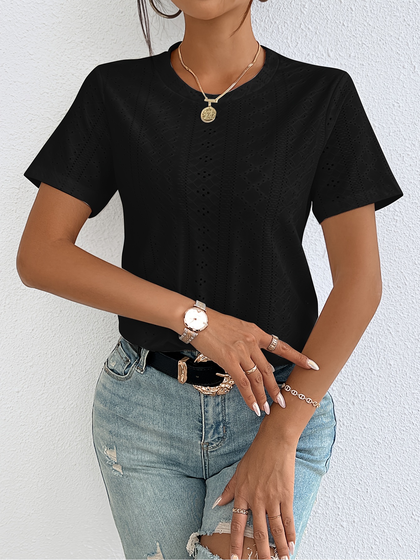 Eyelet Crew Neck T-Shirt, Casual Short Sleeve Top For Spring & Summer, Women's Clothing