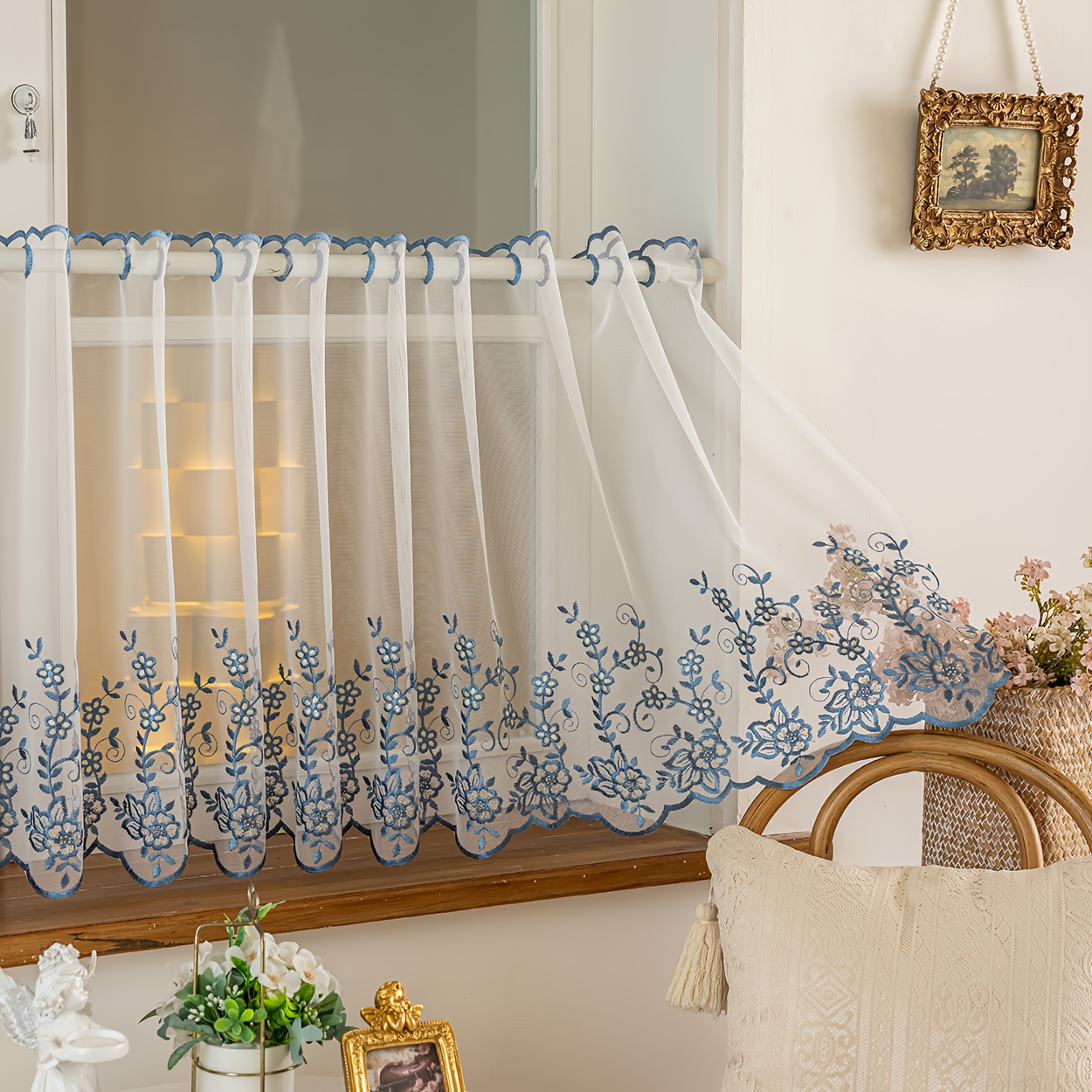 Image of 1-panel Nordic Exquisite Embroidered Floral Sheer Curtain, Top Rod Pocket Hanging, Suitable For Cottages, Gardens, Living Rooms, Bedrooms, , Kitchens, Window Decor, Etc.